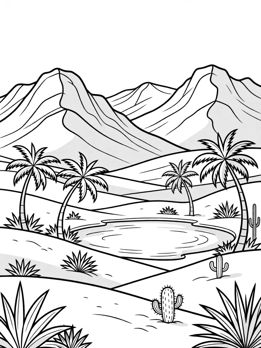 Desert mountains with oasis in valley