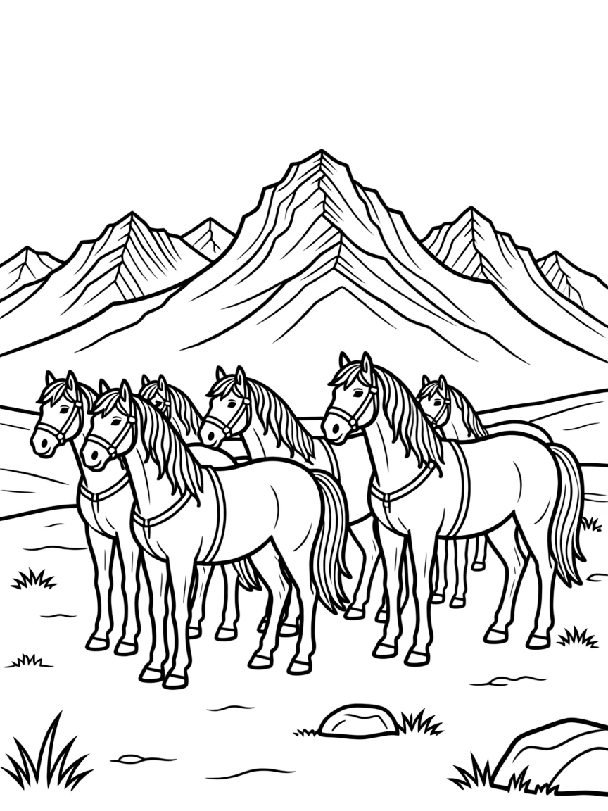 Wild horses on plateau with mountain backdrop