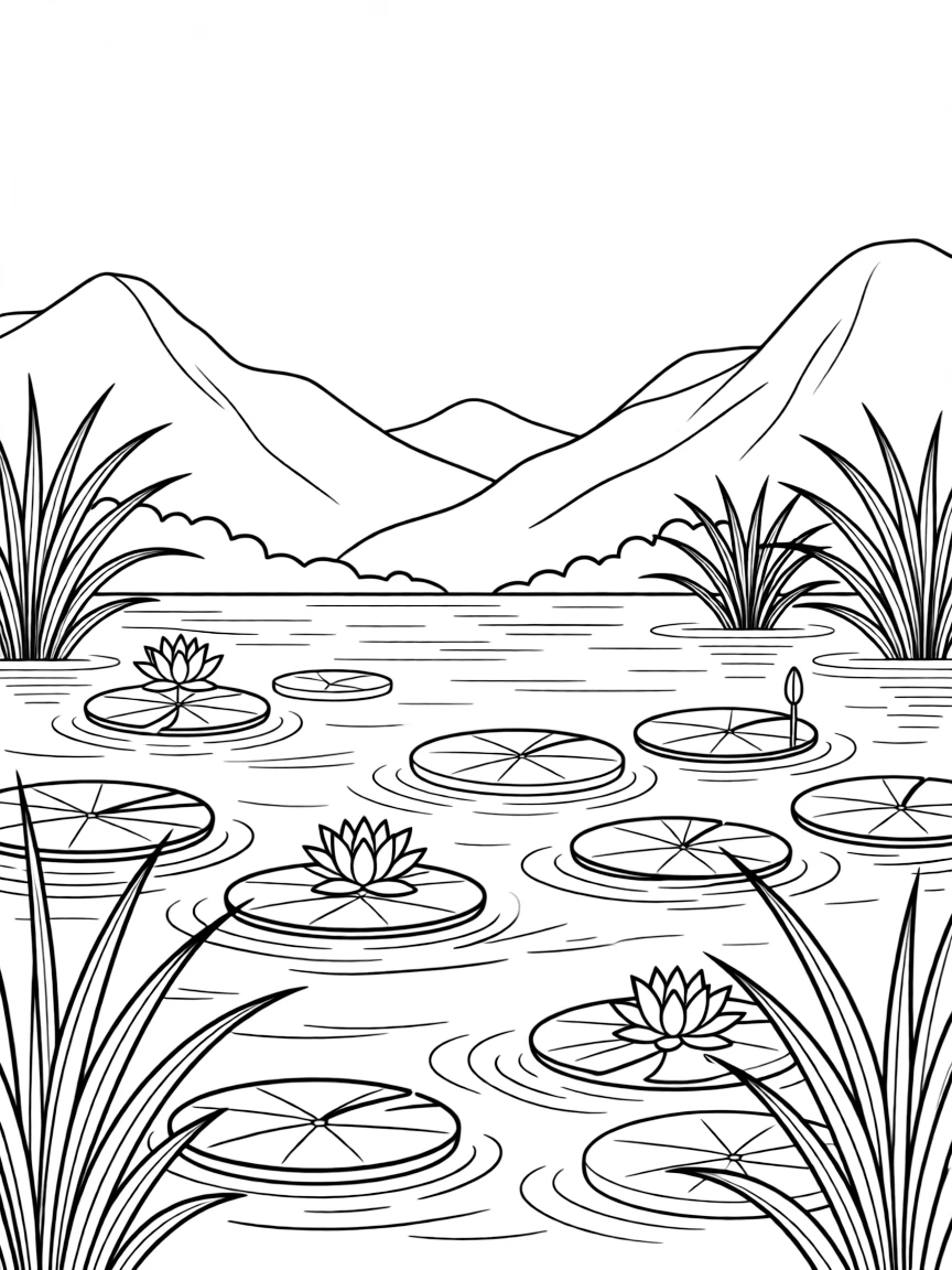 Mountain lake with lily pads and water plants