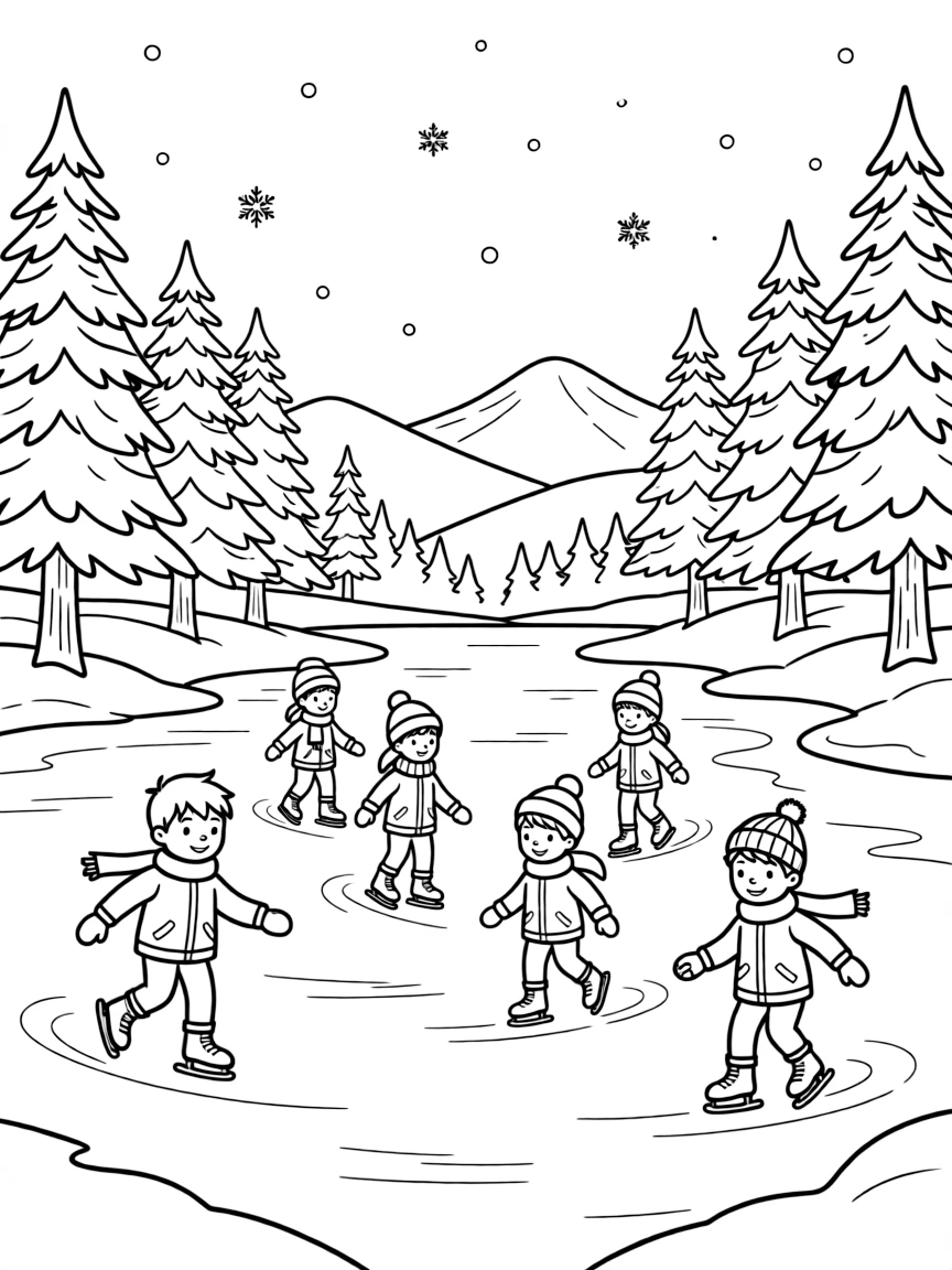 Mountain lake frozen in winter with ice skaters