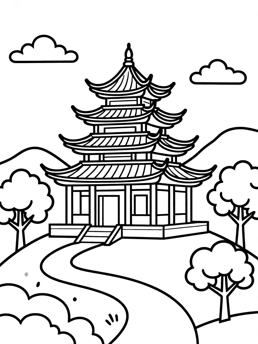 Asian-style mountain temple with tiered roofs