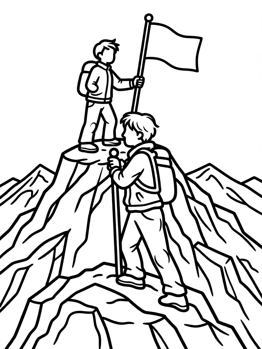 Mountain summit with climber and flag