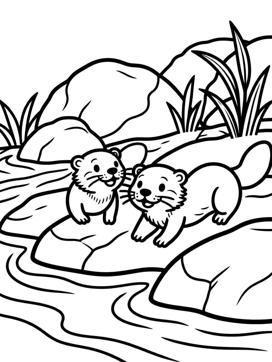 River otters playing on rocky riverbank