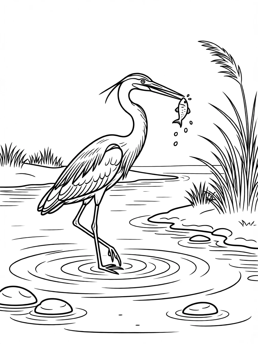 Great blue heron fishing in shallow river waters