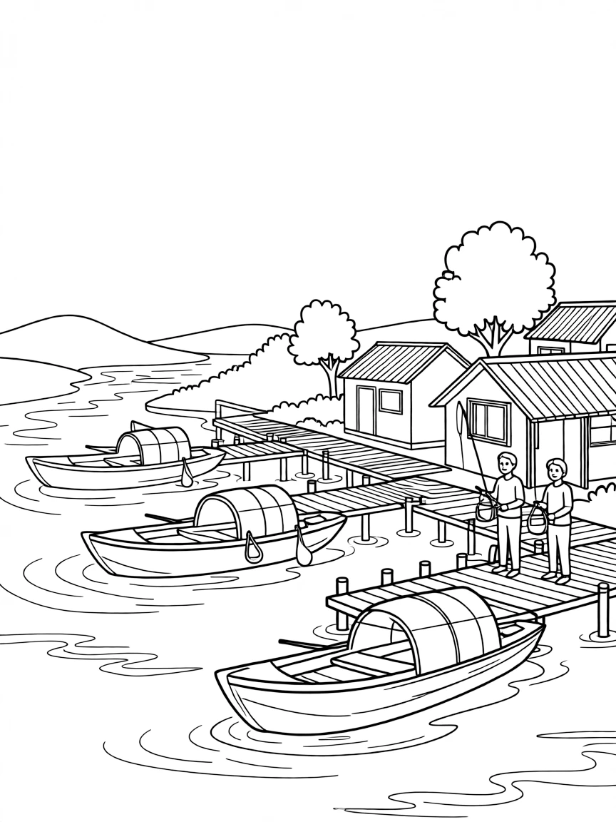 River fishing village with boats and docks