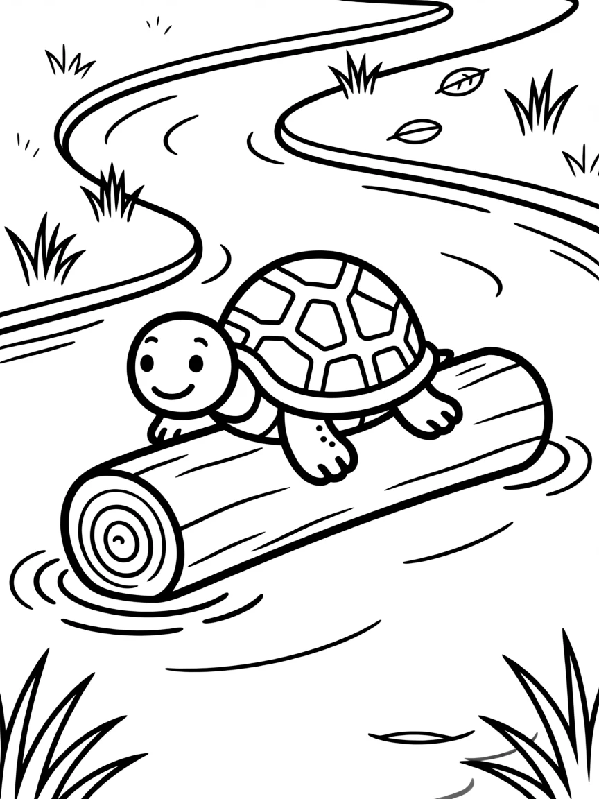 Turtle sunning on log in lazy river bend