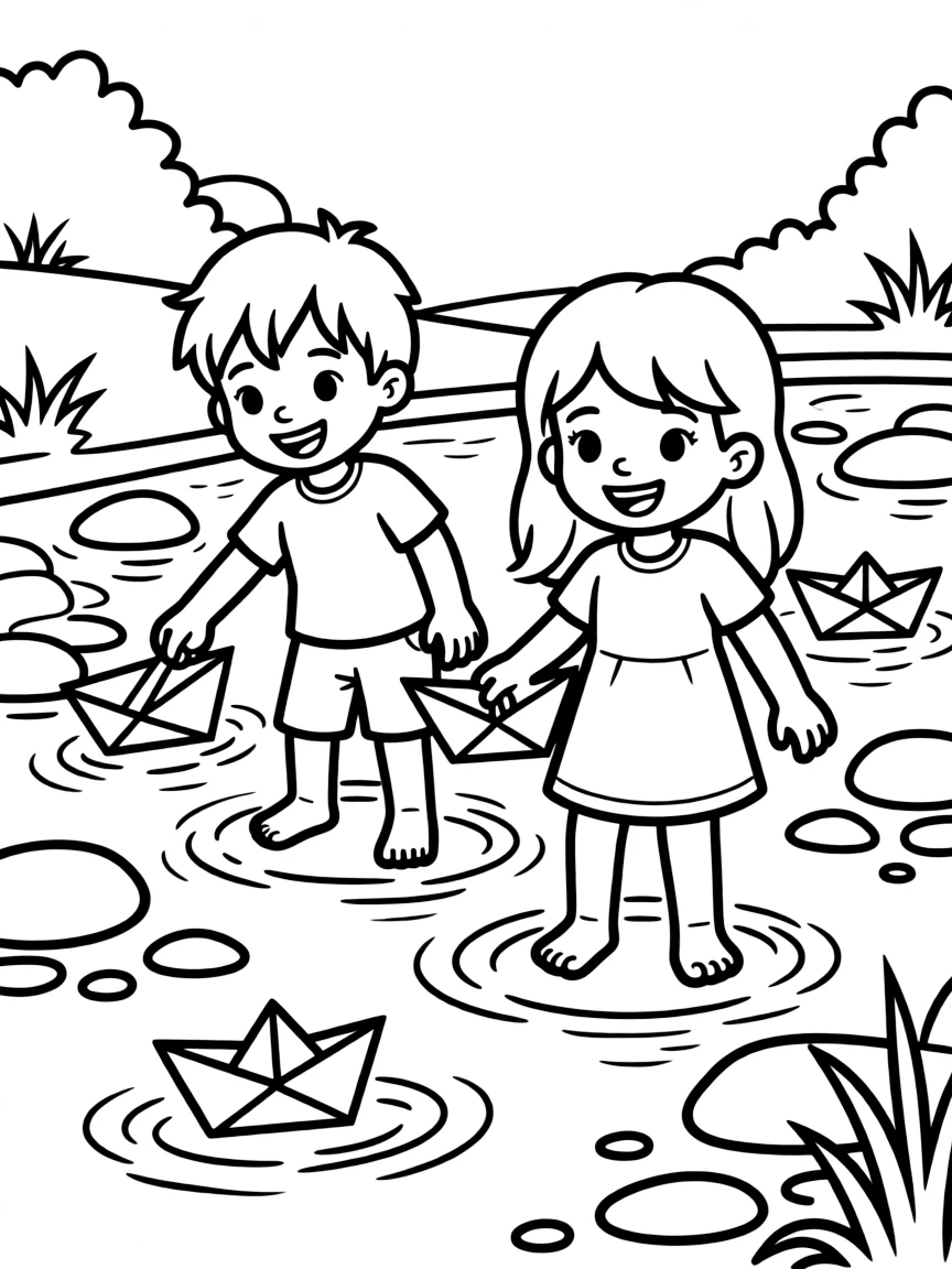 Children playing in shallow river with paper boats