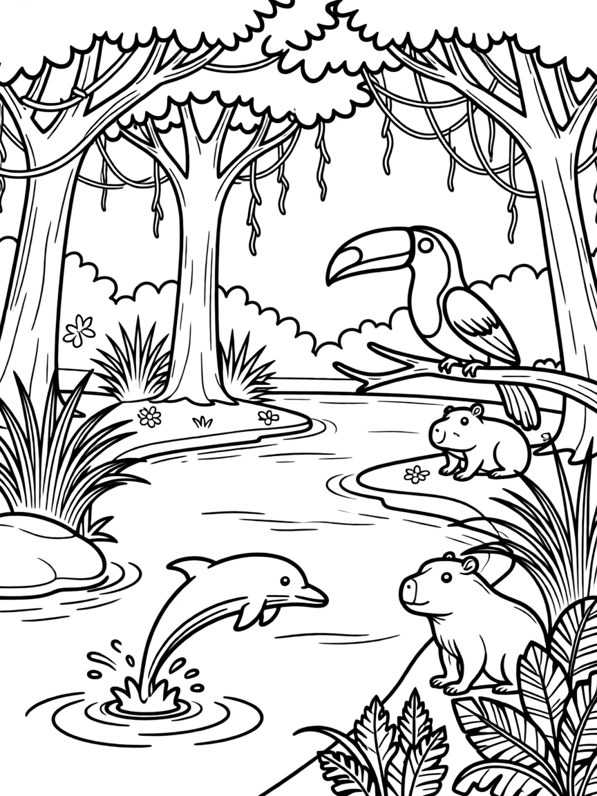 Amazon river scene with exotic wildlife