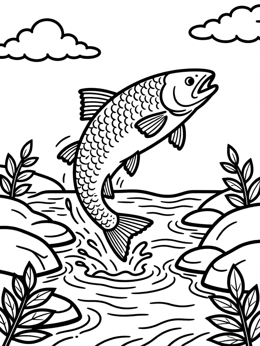 Trout jumping upstream in spawning river