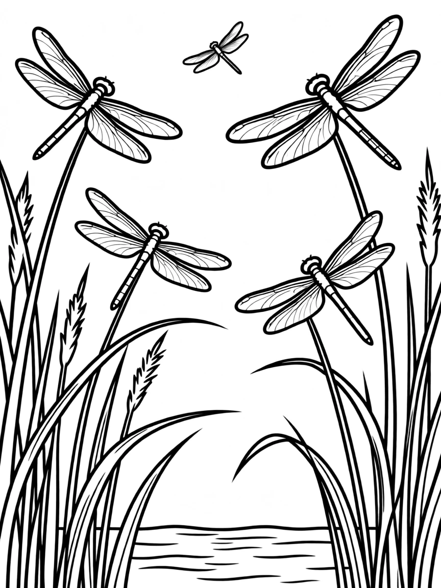 Dragonflies hovering over river reeds