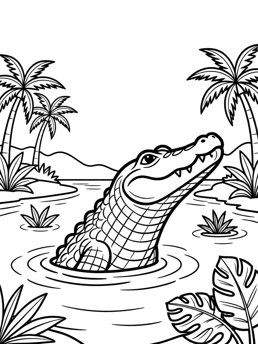 Crocodile partially submerged in tropical river