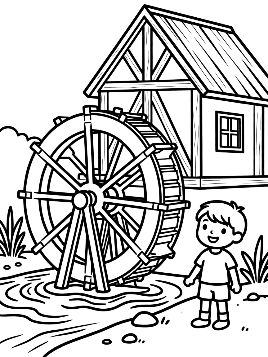 Water wheel on river mill with detailed mechanism