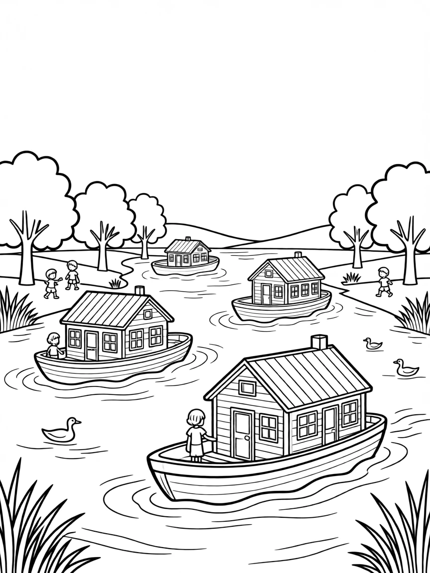 Houseboat community on wide river
