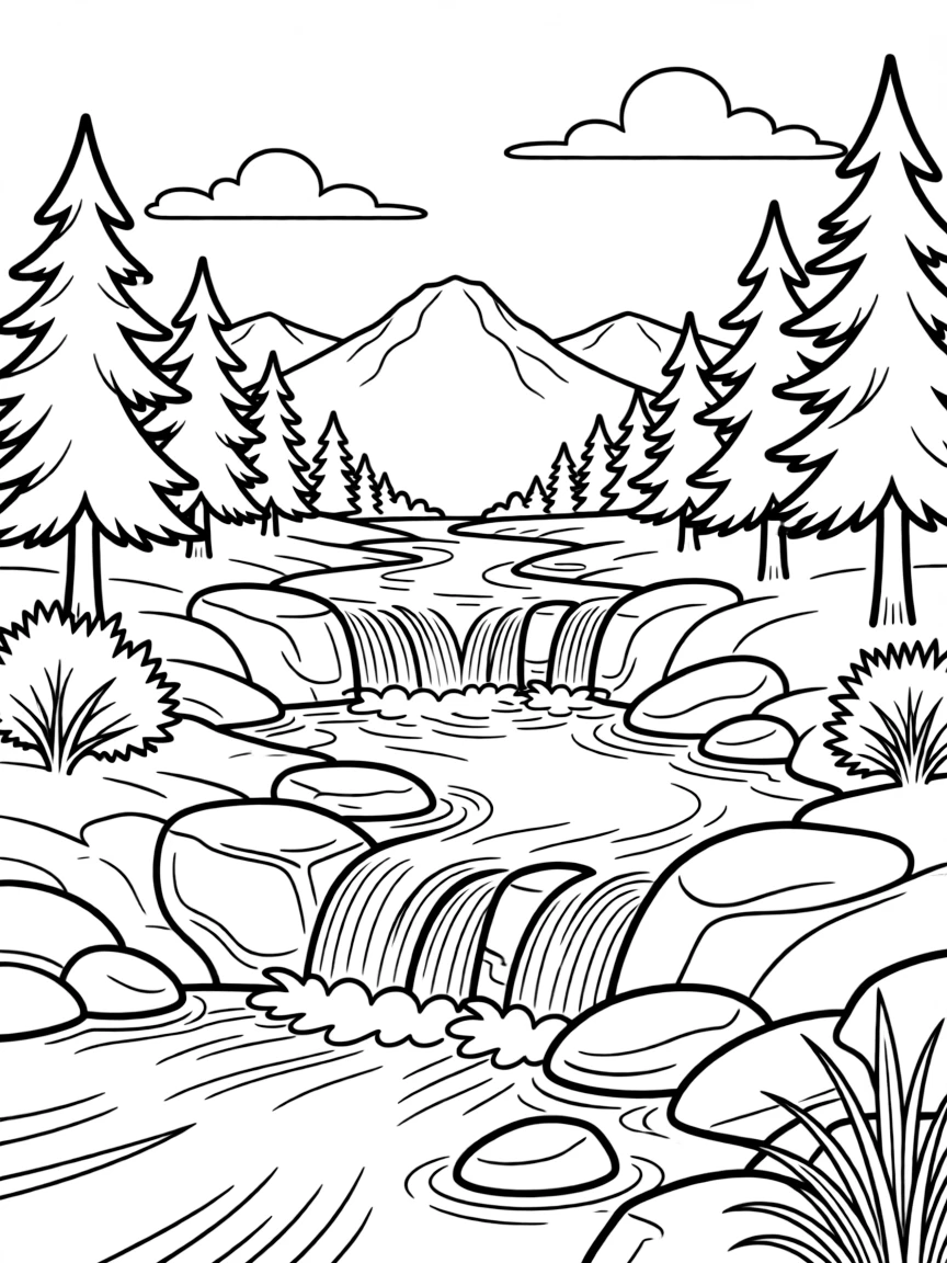 Rocky mountain river with small waterfalls