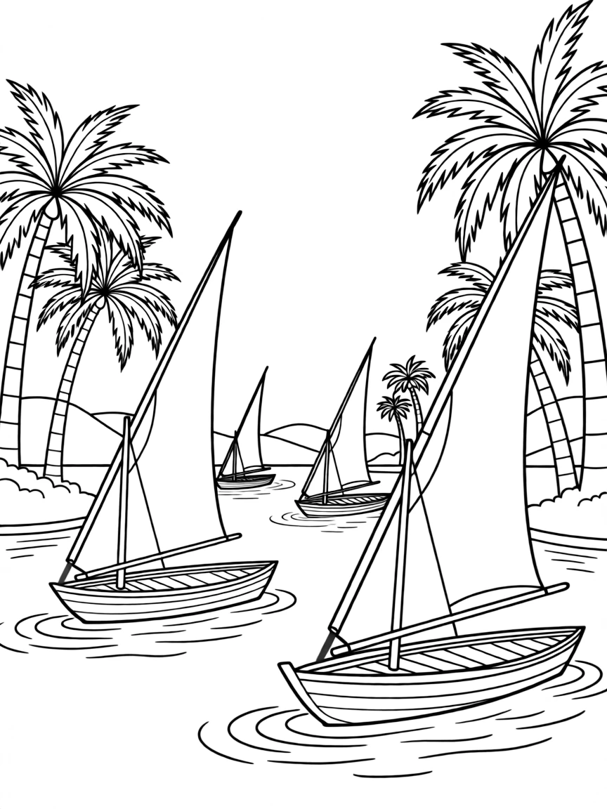 Nile River scene with traditional boats and palms