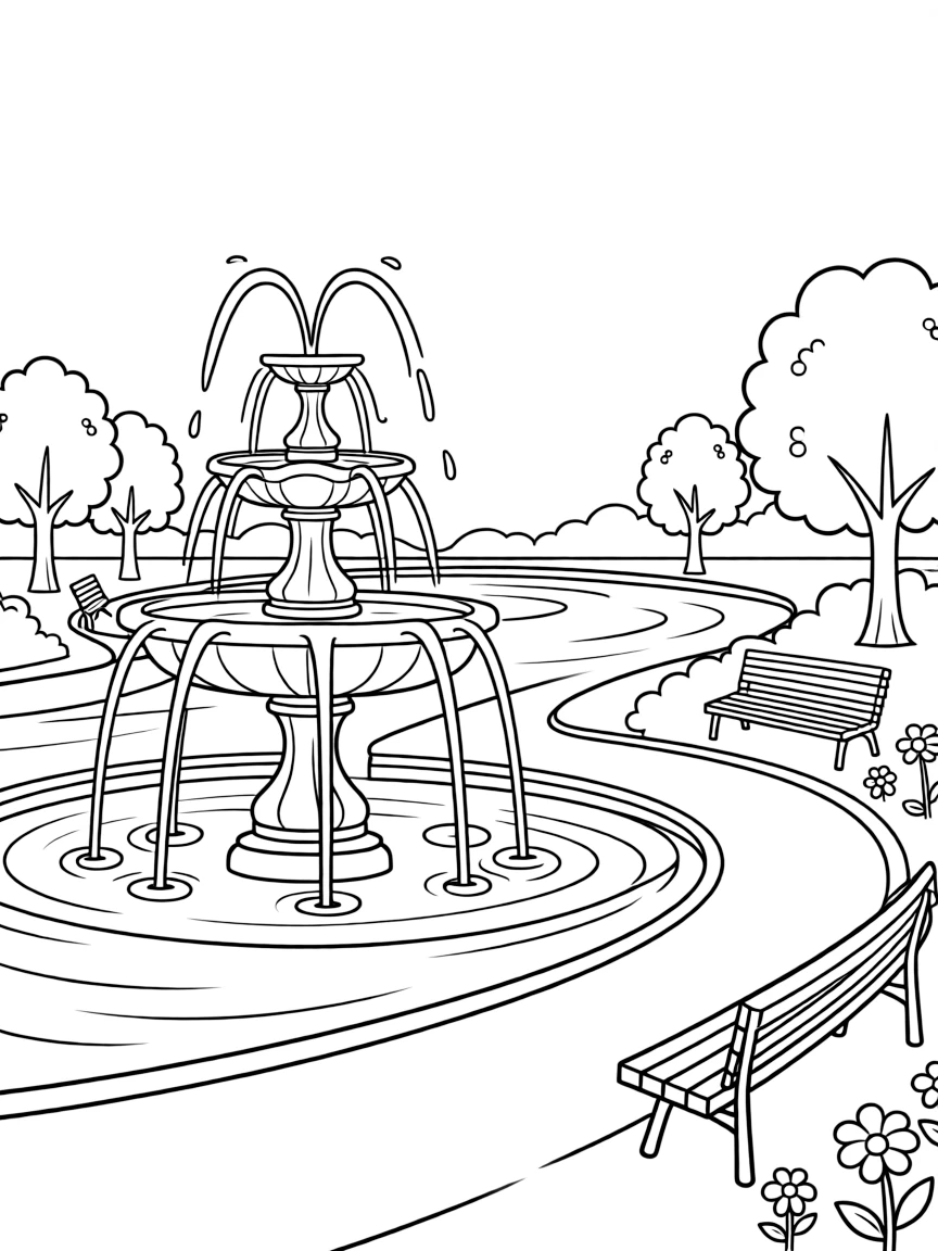 Ornate river fountain in city park