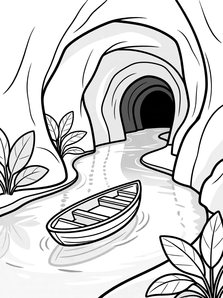 River cave with boat entering mysterious opening