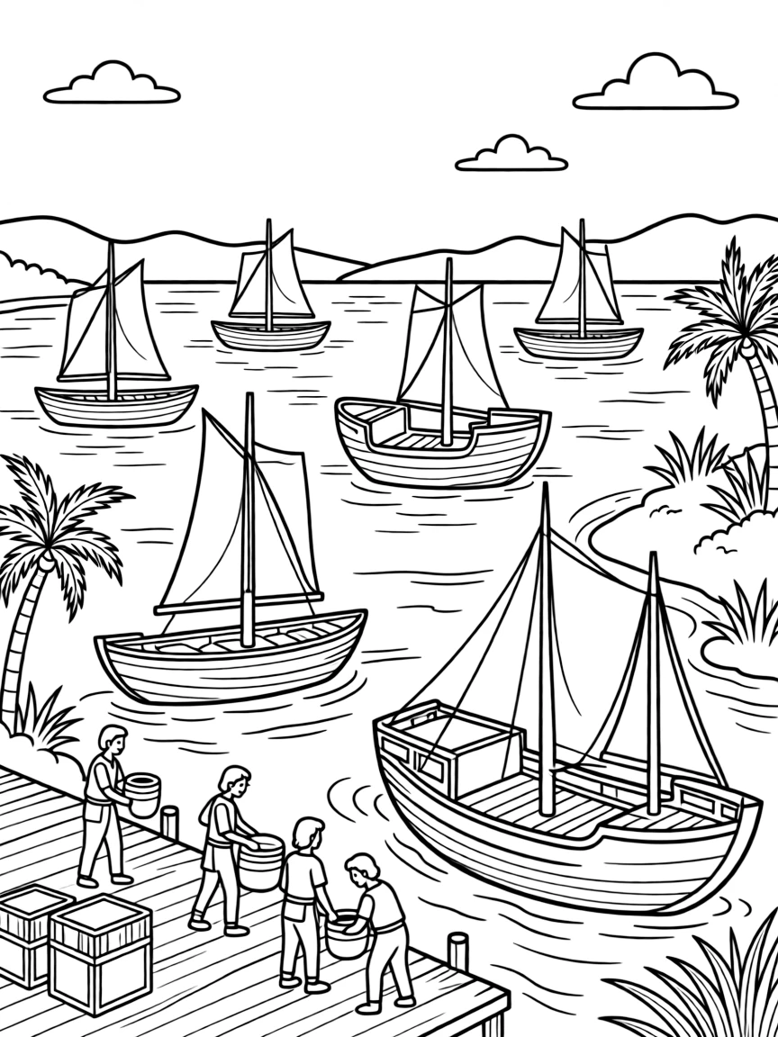 Ancient river trading port with diverse vessels