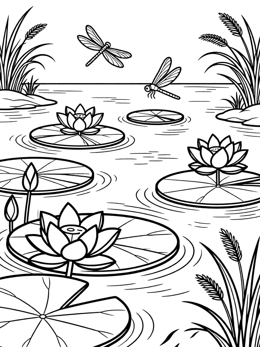 Lily pads and lotus flowers on river surface