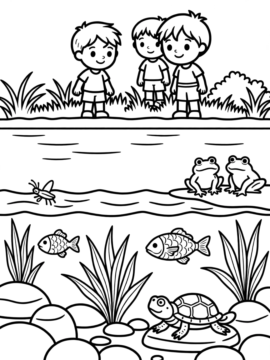 River ecosystem cross-section showing underwater life