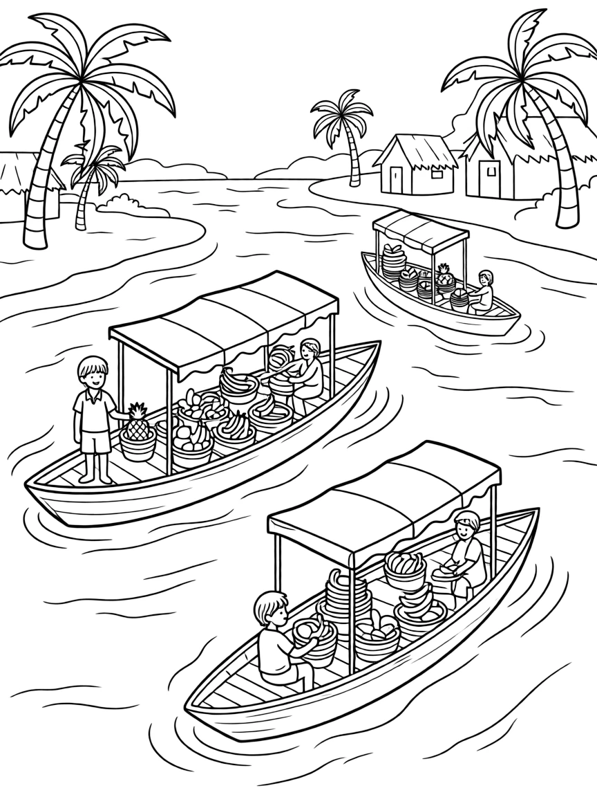 Floating market on tropical river with detailed boats