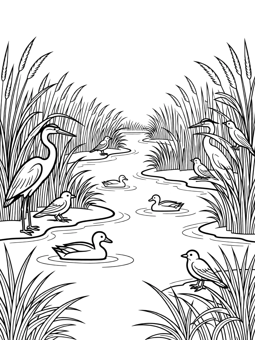 River marsh with diverse bird species