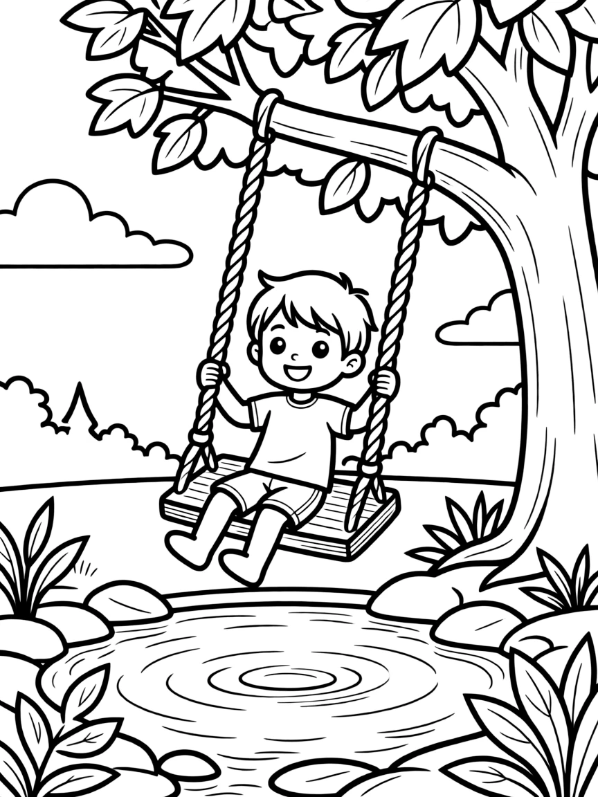 Children's rope swing over swimming hole in river