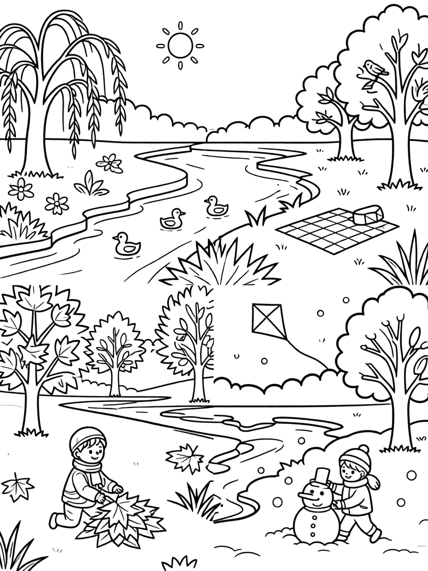 River in four seasons showing changing landscape