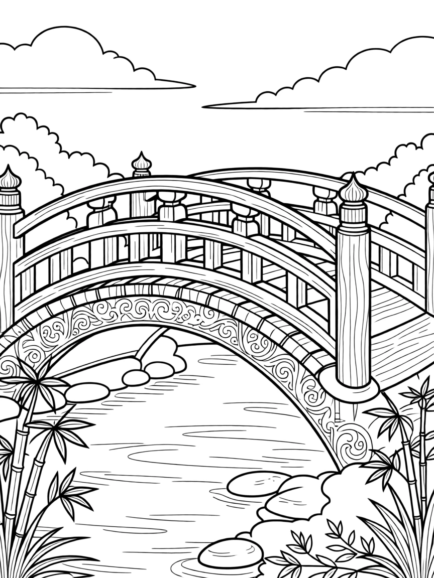 Ornate Japanese bridge over garden river