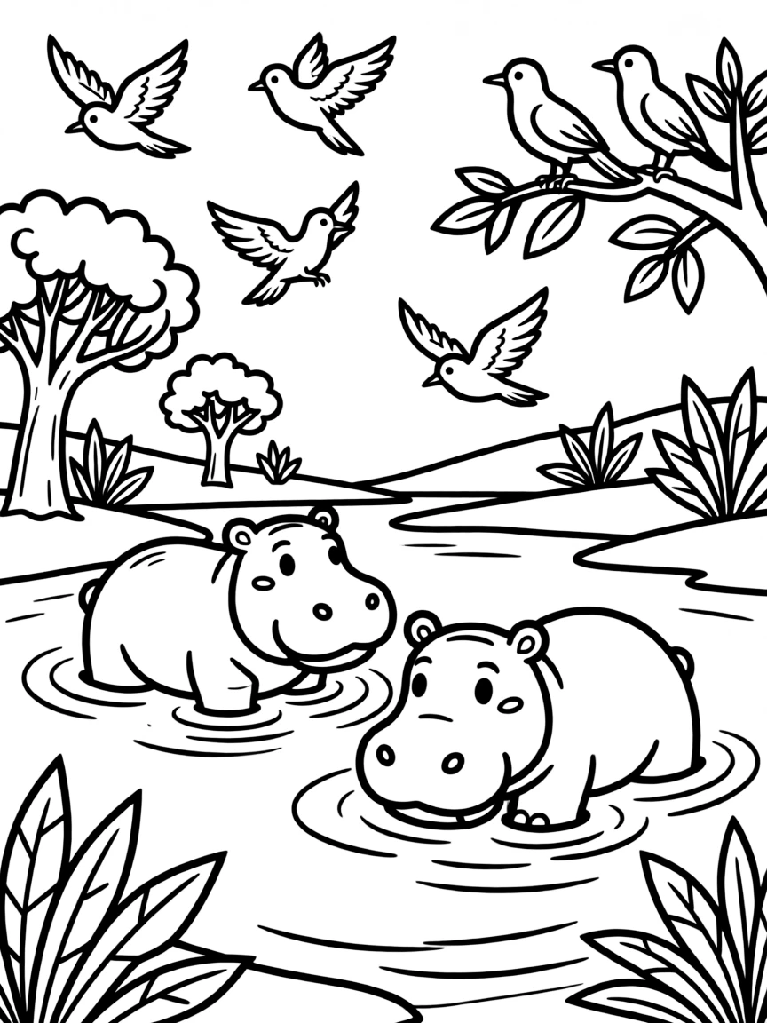 Hippos bathing in African river with birds