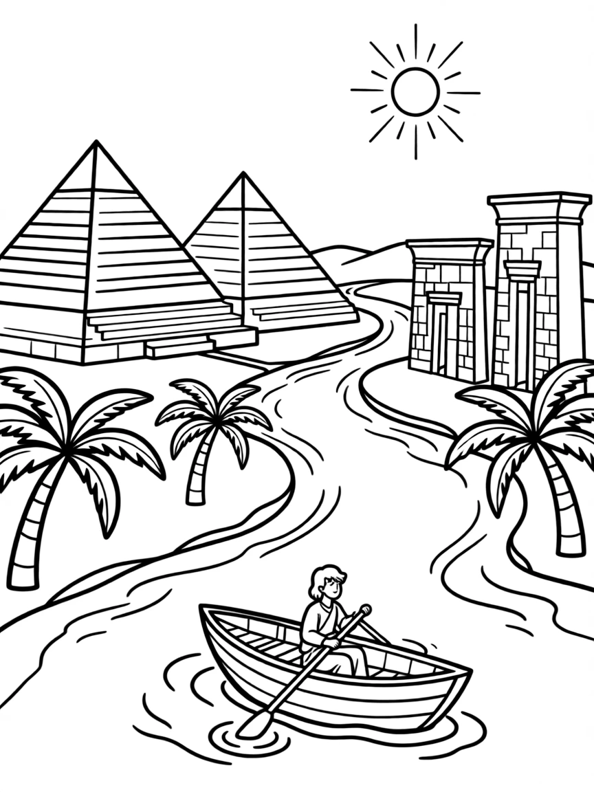 Ancient river civilizations with pyramids and temples