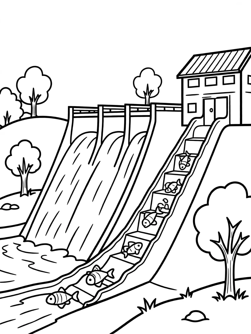 River dam with fish ladder and power station