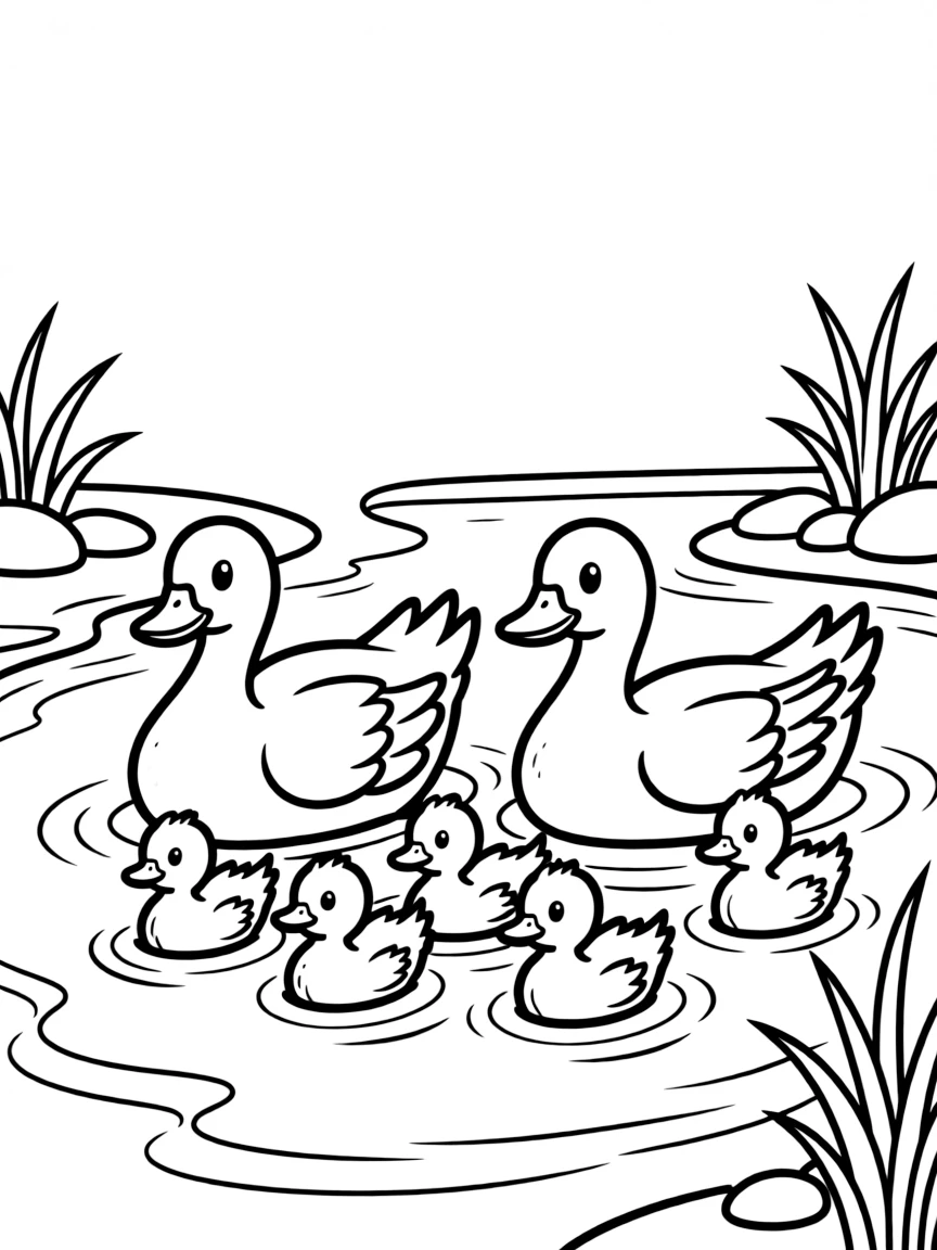Duck family swimming in calm river pool