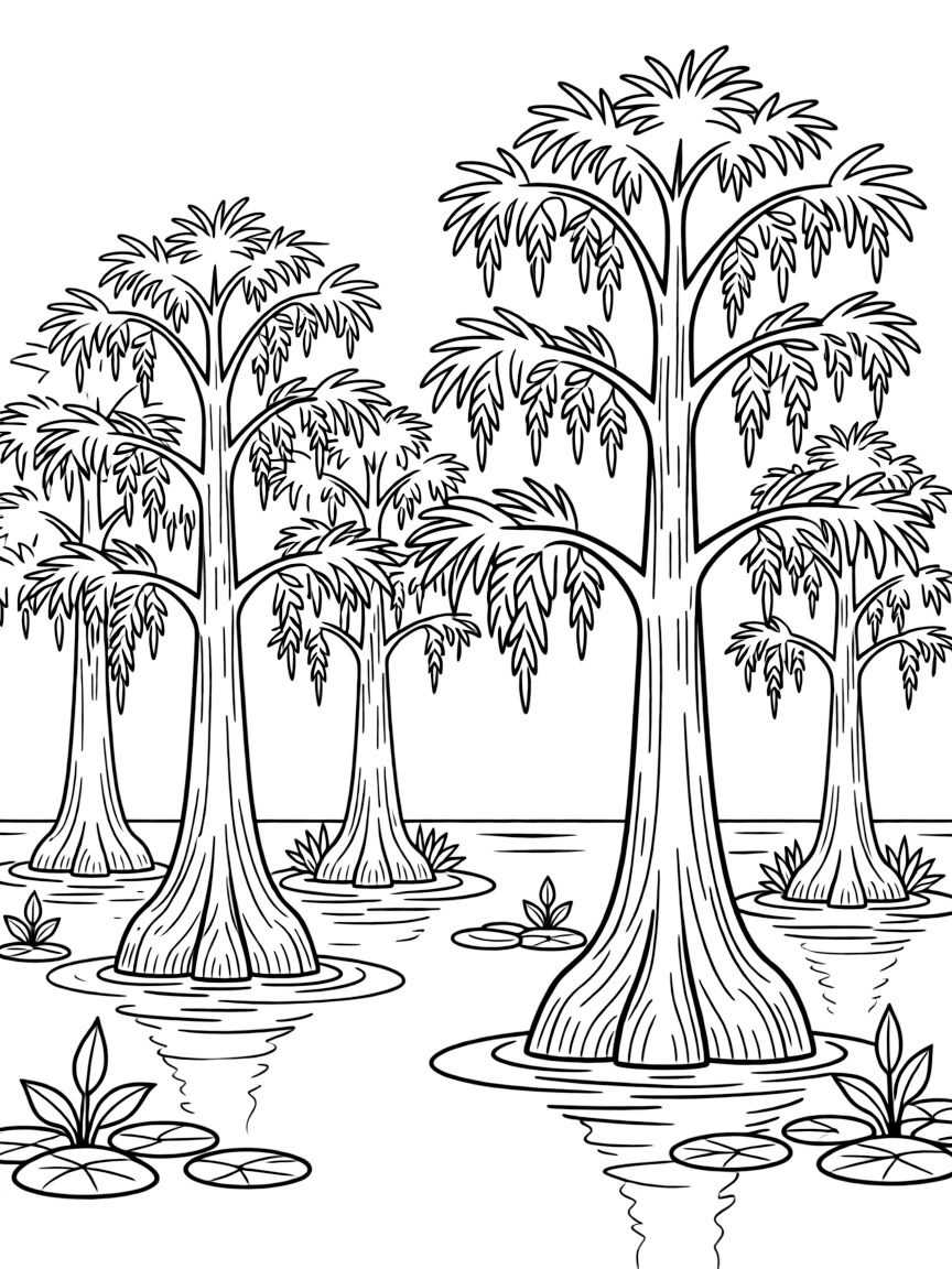 Swamp cypress trees in southern river bayou