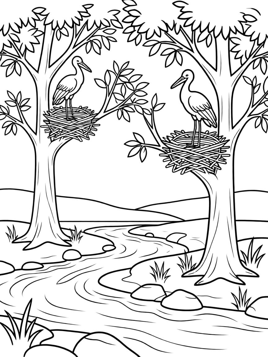 Storks nesting on riverbank trees