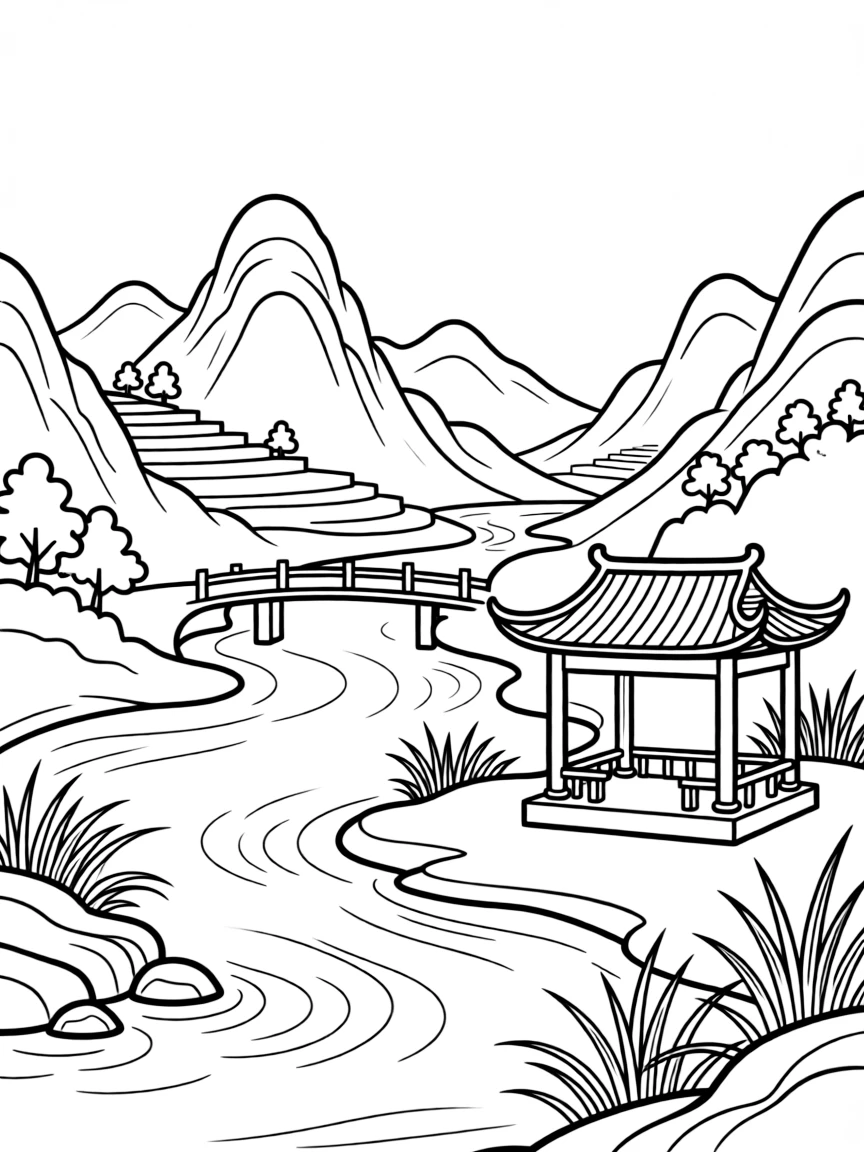 Traditional Chinese painting style river and mountains