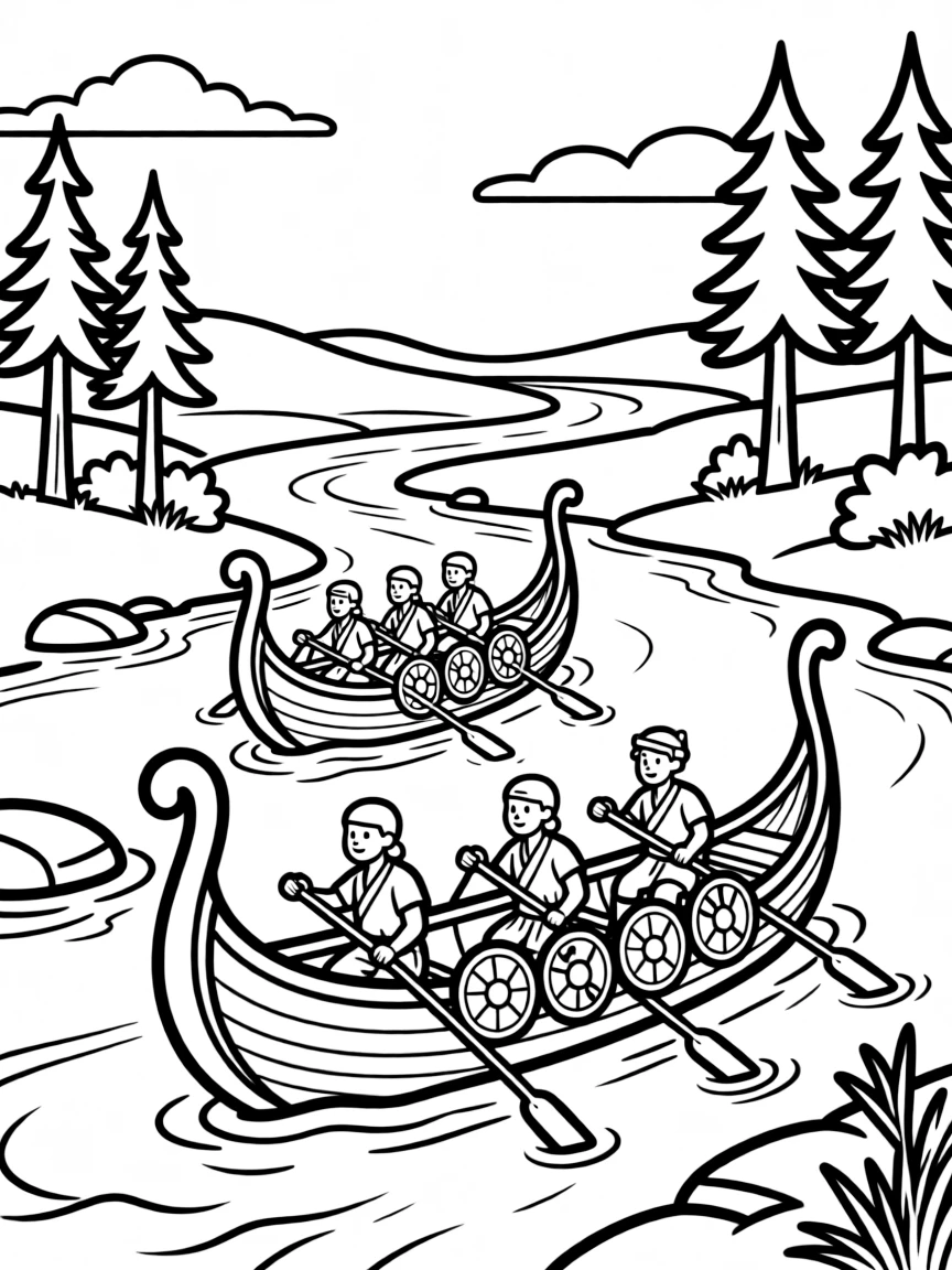 Viking longboats navigating northern river