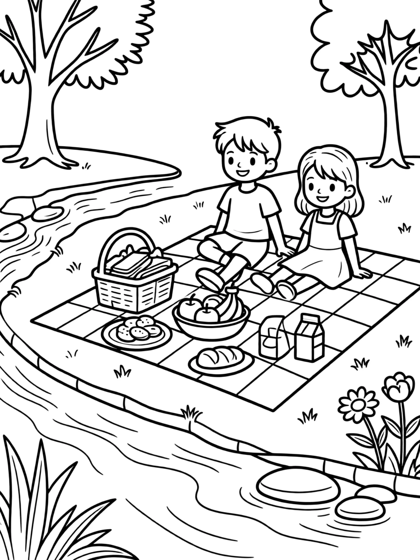 Riverbank picnic scene with detailed food spread