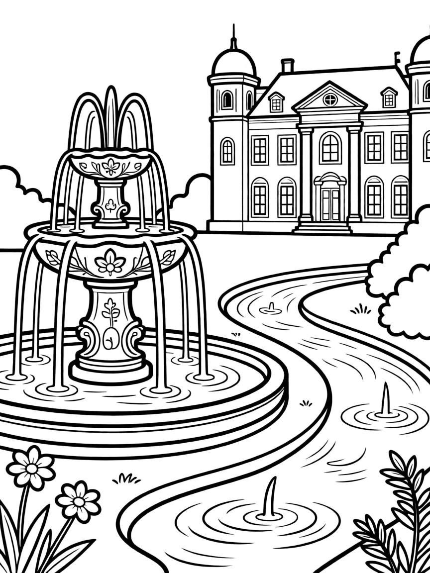 Ornate fountains feeding into palace river