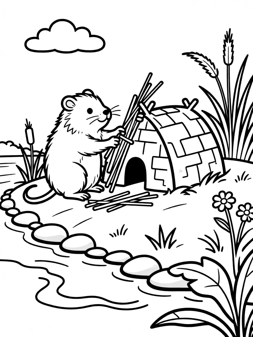 Muskrat building home on riverbank