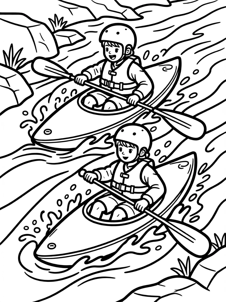 Kayakers navigating challenging river rapids