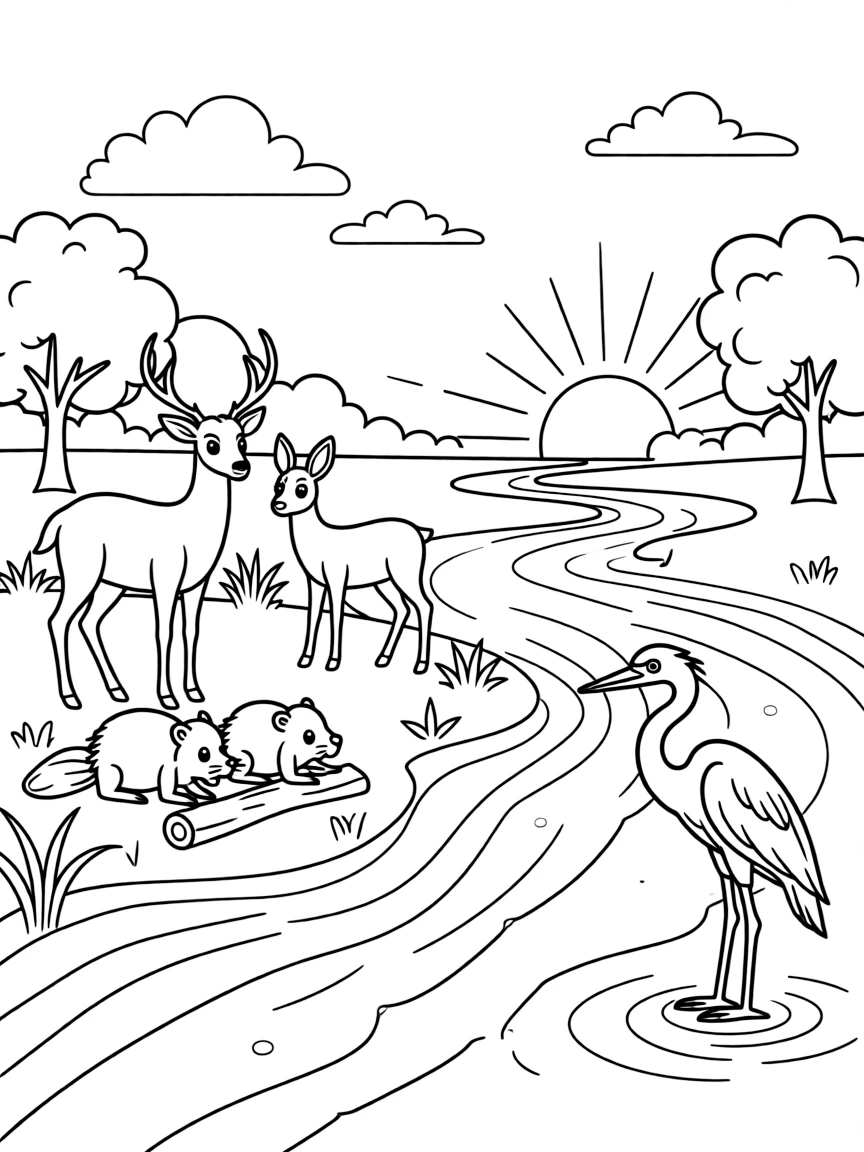 Riverbank wildlife drinking at dawn