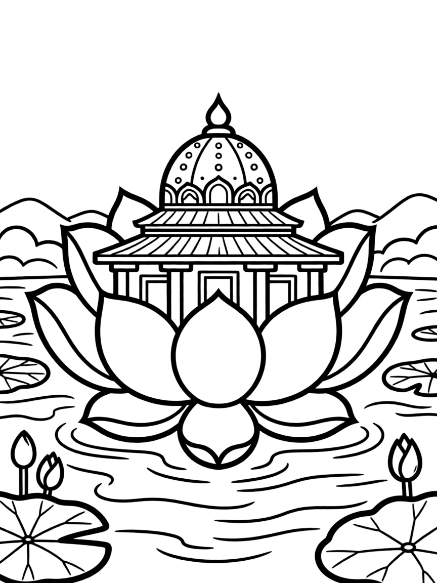 Lotus temple floating on sacred river