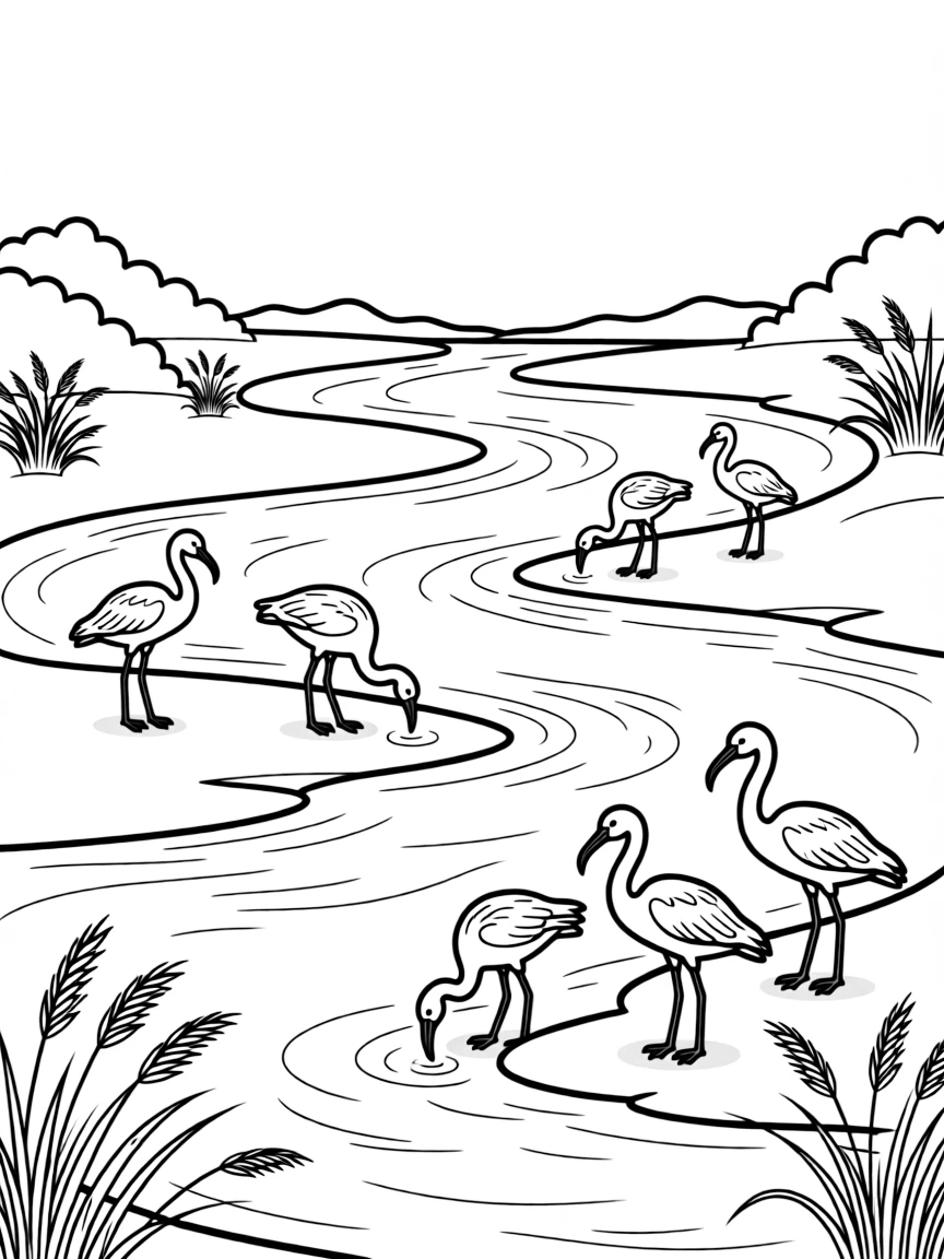 River with sandbars and wading birds
