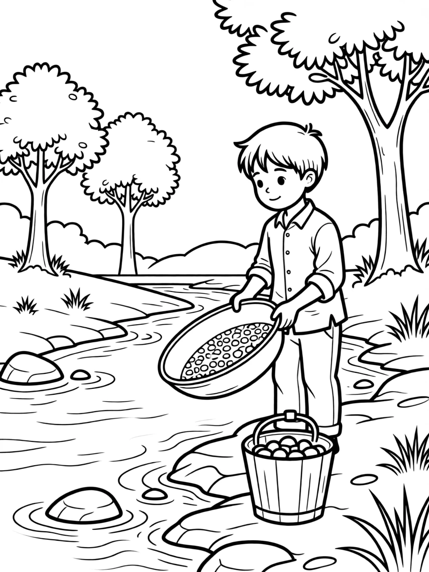 Traditional river gold panning scene
