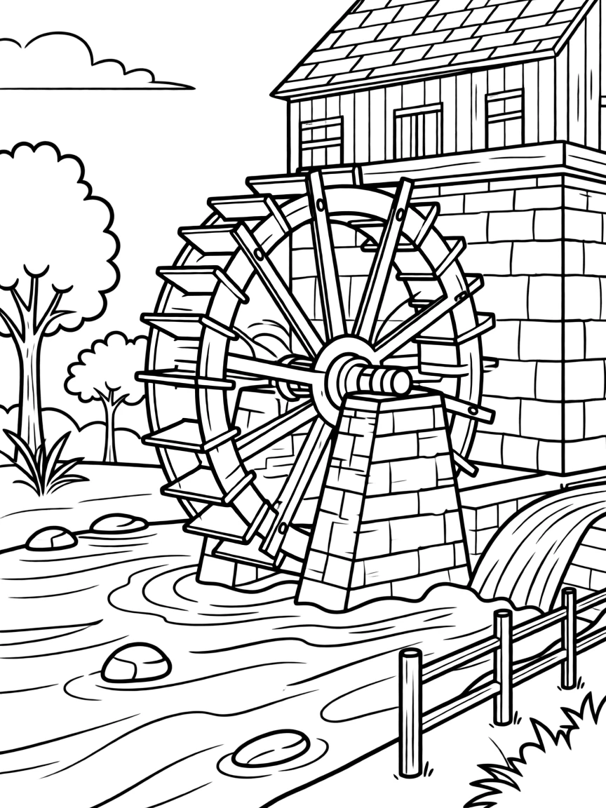 Ancient water mill with working mechanism on river