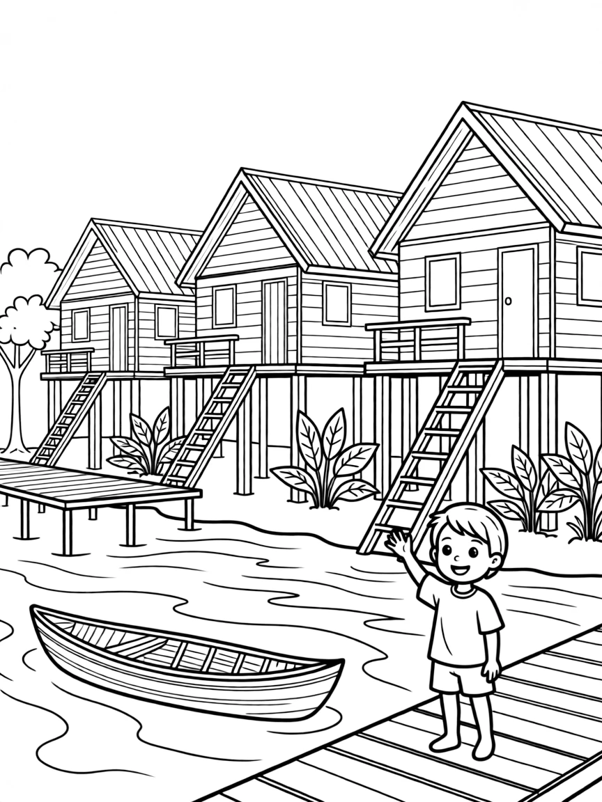 Amazon river village on stilts above water