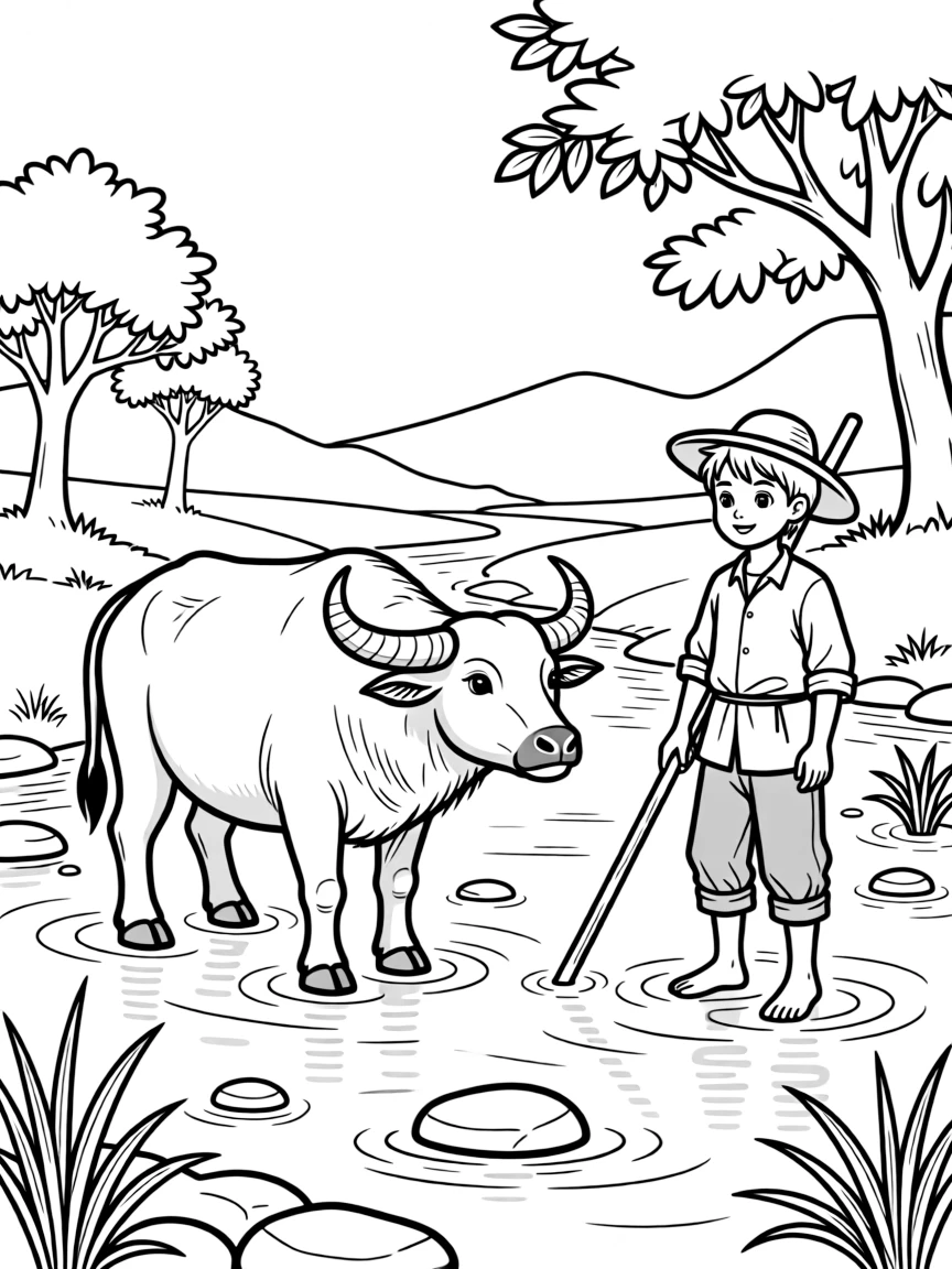 Water buffalo in Asian river with farmer