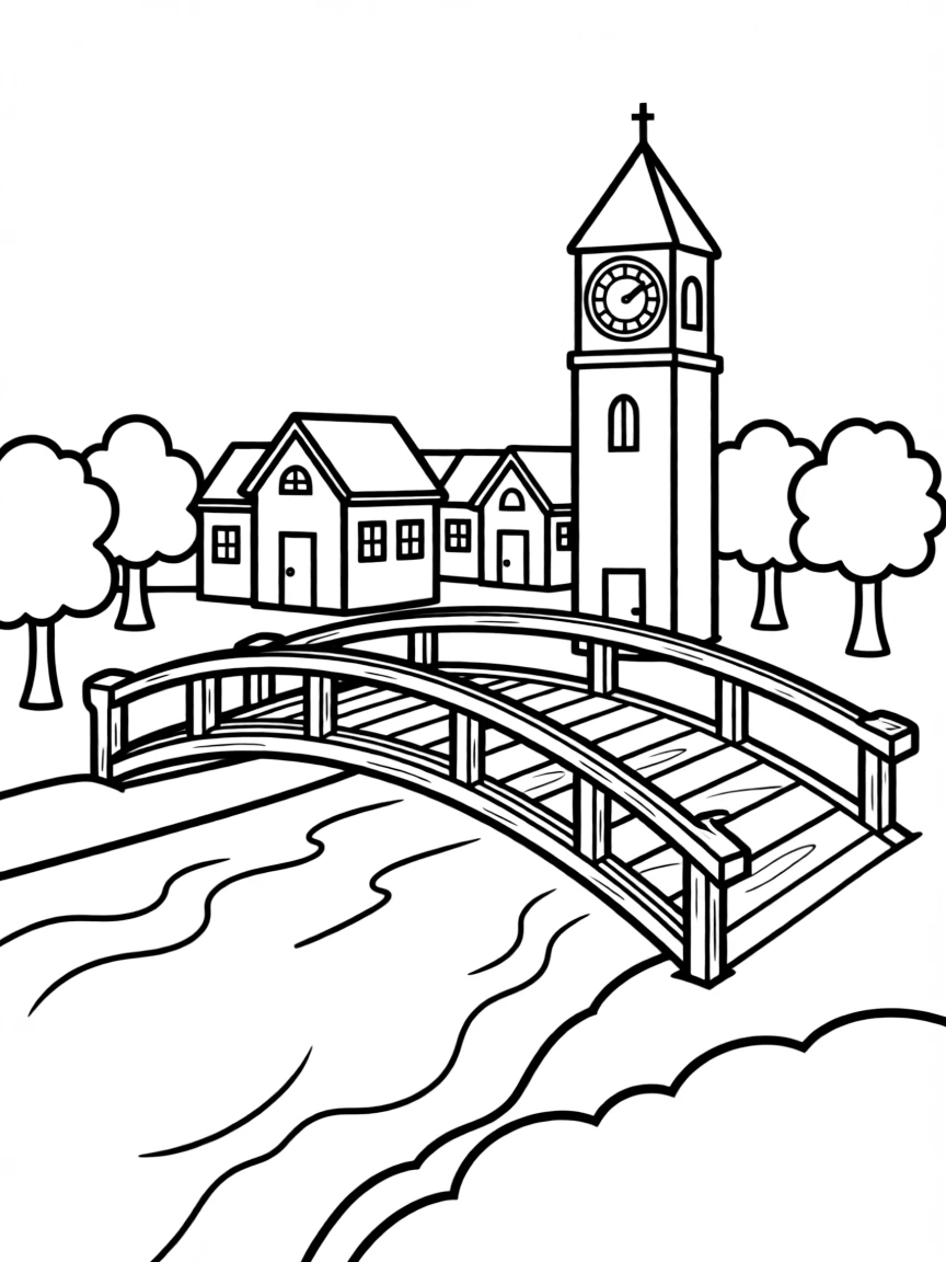 River town with bridge and clock tower