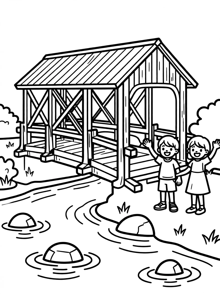 Covered bridge over river with detailed construction